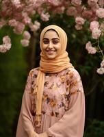 Beautiful Muslim Young Girl Wearing Hijab on Blurred Floral Background, Eid Mubarak, . photo