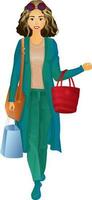 Character of young girl holding shopping bag on white background. vector