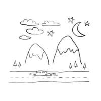 Simple coloring book for kids mountains and forest. Vector linear stylized image for creativity for children. Isolated on a white background.