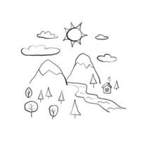 Simple coloring book for kids mountains and forest. Vector linear stylized image for creativity for children. Isolated on a white background.