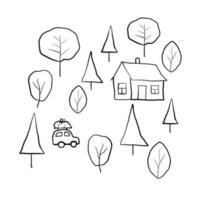 Simple coloring book for kids mountains and forest. Vector linear stylized image for creativity for children. Isolated on a white background