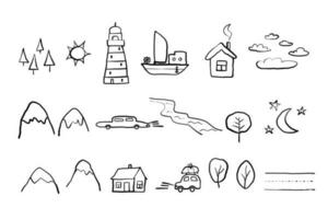 A set of hand-drawn elements for coloring kids. Vector linear stylized image for creativity for children. Isolated on a white background.