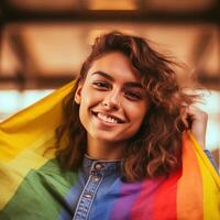 niña con arco iris bandera. orgullo mes concepto. ilustración ai generativo foto