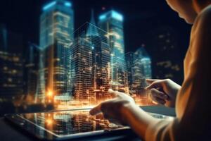 Digital tablet and a hologram of modern buildings. Illustration photo