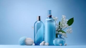 Composition of blue cosmetic products. Illustration photo