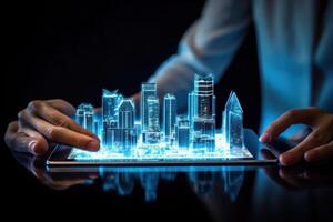 Digital tablet and a hologram of modern buildings. Illustration photo