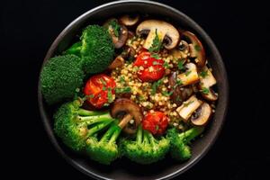 Vegan salad of vegetables - broccoli, mushrooms, spinach and quinoa in a bowl Illustration photo