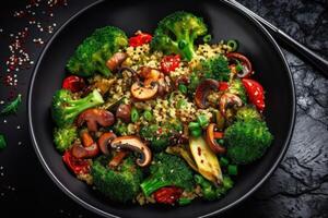 Vegan salad of vegetables - broccoli, mushrooms, spinach and quinoa in a bowl Illustration photo