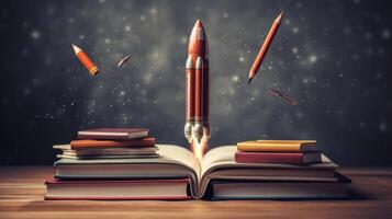 Books and rocket. Education concept. Illustration photo