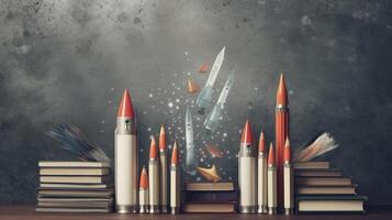 Books and rocket. Education concept. Illustration photo