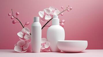 Pink cosmetic products. Illustration photo