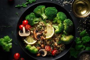 Vegan salad of vegetables - broccoli, mushrooms, spinach and quinoa in a bowl Illustration photo