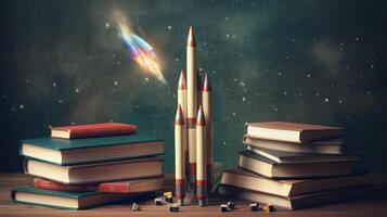 Books and rocket. Education concept. Illustration photo