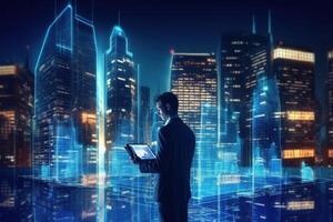 A person with a digital tablet and a hologram of modern buildings Illustration photo