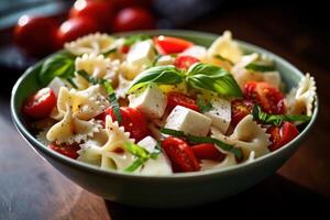 Pasta colored farfalle salad with tomatoes, mozzarella and basil. Illustration photo