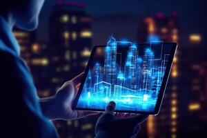 Digital tablet and a hologram of modern buildings. Illustration photo