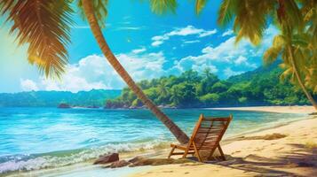 hermosa tropical playa y mar con silla en azul cielo. ilustración ai generativo foto