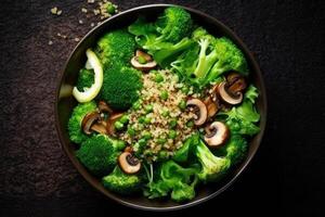Vegan salad of vegetables - broccoli, mushrooms, spinach and quinoa in a bowl Illustration photo