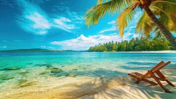 hermosa tropical playa y mar con silla en azul cielo. ilustración ai generativo foto