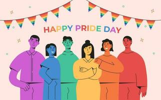 Abstract people community, LGBT community are standing, hugging together. Horizontal background for pride month celebration. Colored flat vector illustration