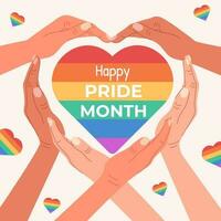 Square background for Pride Month with many different peoples hands showing heart symbol. Colored flat vector illustration.