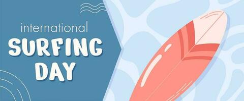 Horizontal web banner for international surf day. Pink funboard on a water abstract background. Flat vector illustration.