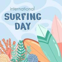 Square banner for international surf day. Various types of surfboards with algae and corals on a blue abstract background. Flat vector illustration.