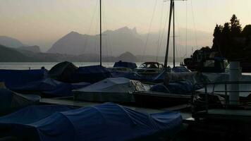 lago thun. Barche nel il marina. interlaken regione, Svizzera video