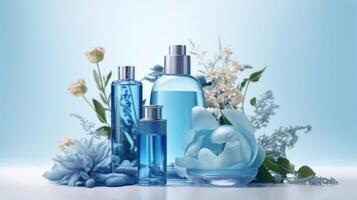 Composition of blue cosmetic products. Illustration photo