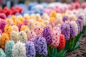 an array of vibrant Hyacinths flower, colorful flowers in the garden. flowers background.made with . photo