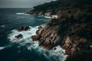 A Stunning Aerial View of a Serene Ocean with Rocks, Waves, and Trees ,made with . photo