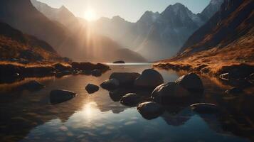 A Serene Morning View of Mountains, a Sparkling Lake and its Reflection,rocks ,made with . photo