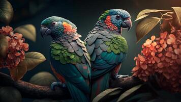 Colorful pair of parrots sitting on branch between leafs Tropical rainforest , flowers in the background, 3D rendering incredibly detailed. . photo