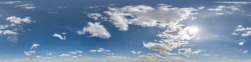 seamless cloudy blue sky hdri 360 panorama view with zenith and beautiful clouds for use in 3d graphics as sky dome replacement or edit drone shot photo