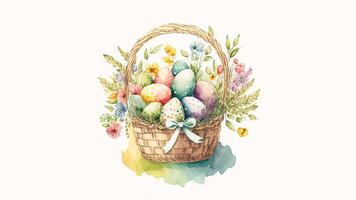 Eggs Inside Floral Basket And Copy Space. Easter Concept. photo