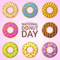 National Donut Day banner. 2 june. Can be used for posters or social media post cover. Stock vector illustration in flat cartoon style.
