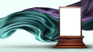 Blank Frame Stand or Product Screen Mockup On Purple And Teal Floating Silk Fabric Background. photo