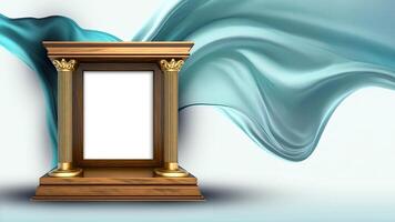 Classic Arch Stage Mockup On Turquoise Floating Silk Fabric Background. photo