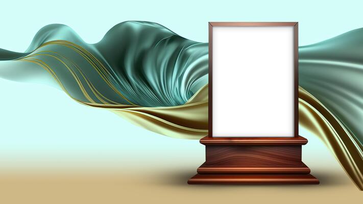 Blank Frame Stand or Product Screen Podium Mockup Against Floating Silk Fabric.