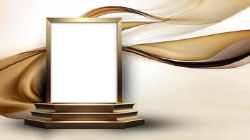 Golden Frame Stand or Stage Mockup On Floating Silk Fabric Background. photo