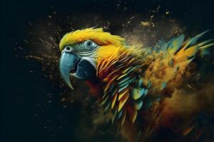 A closeup of an abstract, artistic depiction of a parrot, with vibrant yellow and green colors scattered throughout. photo
