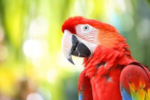 un de cerca retrato de un vibrante guacamayo, sus plumas un vistoso combinación de rojo, azul, y amarillo, en contra un brillante natural ajuste. el guacamayo mira yo con sus curioso ojos. generativo ai foto