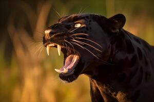 negro pantera rugido, desnudando sus dientes. el pantera cara es el focal punto de el imagen, con sus agudo dientes y intenso expresión en claro vista. hecho con generativo ai foto