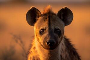 frente retrato de un hiena mirando calma en un borroso marrón campo. el hiena es mostrado frente a adelante, con sus cabeza retenida alto y sus mirada estable. hecho con generativo ai foto