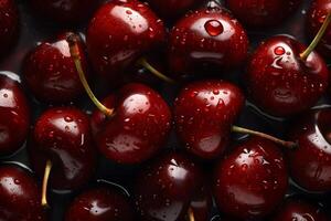 bunch of wet cherries, filling the entire background. photo