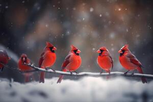group of Northern cardinal birds perched on a branch covered in snow. photo