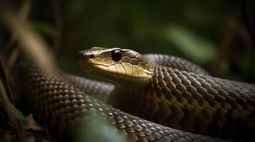 de cerca ver de un negro tipo de serpiente venenosa en un verde selva, mirando adelante y manchado. , con sus perforación ojos y distintivo caracteristicas en claro vista. hecho con generativo ai foto