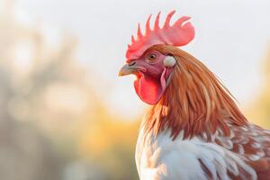 A close-up portrait of a white rooster . The sunlight illuminates its body, highlighting the soft white feathers and vibrant red comb atop its head. bright blur background. photo