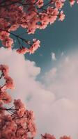 A branch of delicate pink Cherry Blossom flowers is captured in exquisite detail against a stunning backdrop of a blue cloudy sky. photo