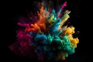 colorful explosion of smoke against a black background. The colors of the smoke are vibrant and varied, ranging from bright pinks, oranges, and yellows, cooler blues and greens.made with photo